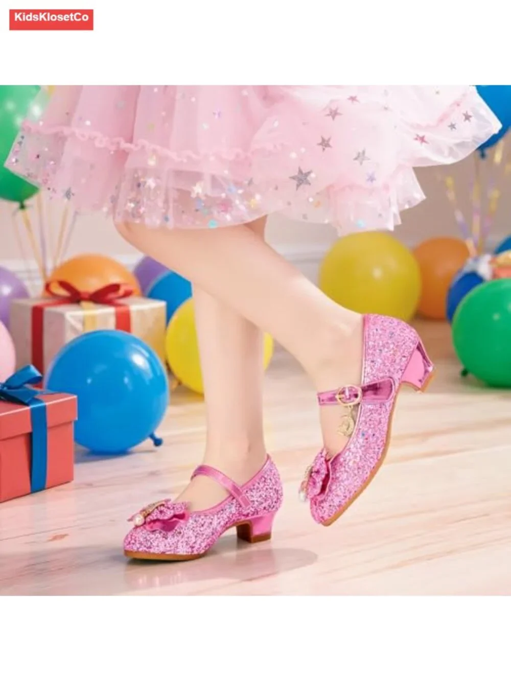 Glitter Princess Dress Shoes with Bow, Hook & Loop Closure, Memory Foam Insole
